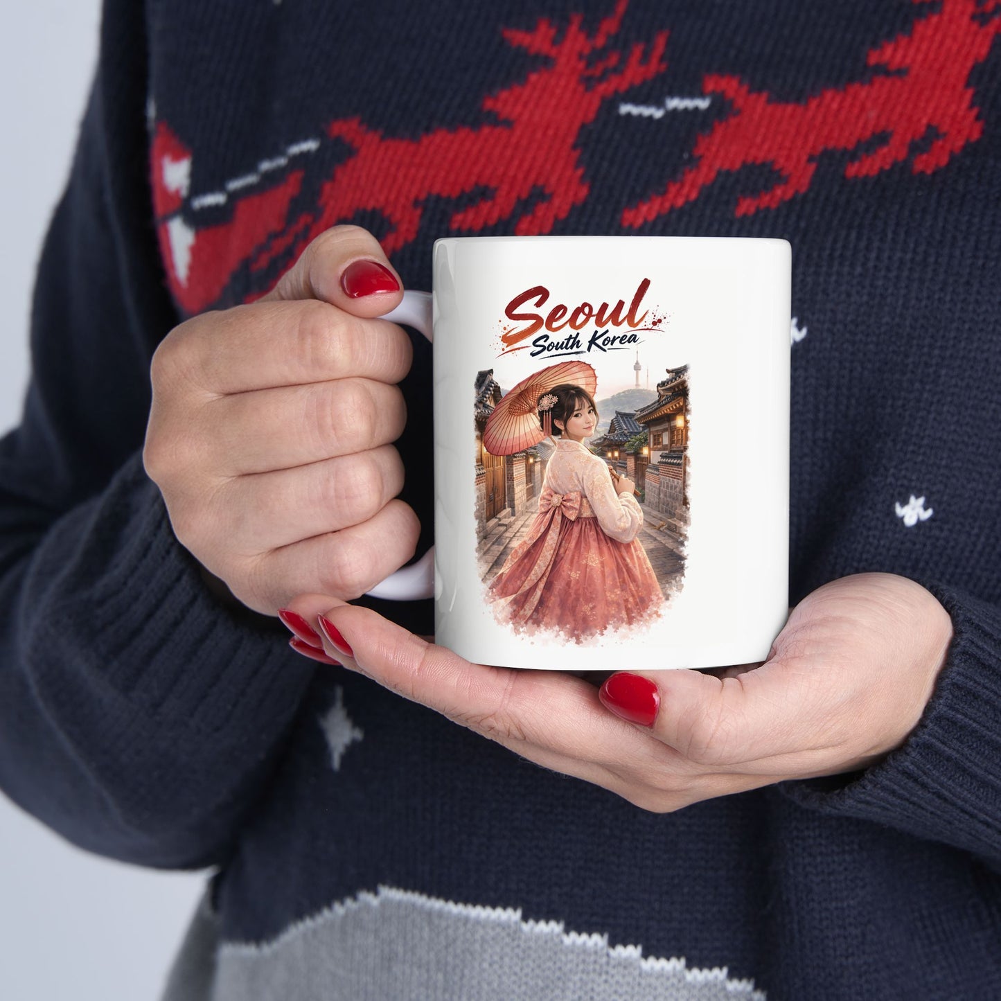 Seoul Korean Girl Ceramic Mug — Cute Korean Girl in Traditional Hanok Scene (11oz & 15oz)