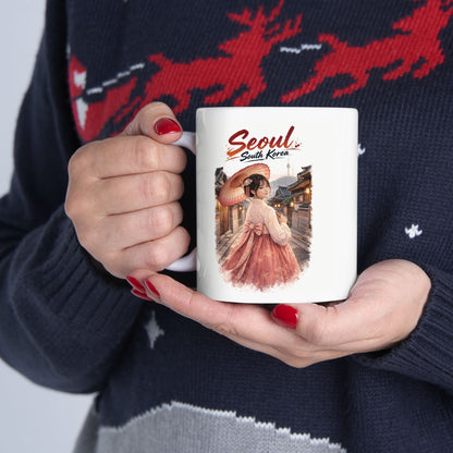 Seoul Korean Girl Ceramic Mug — Cute Korean Girl in Traditional Hanok Scene (11oz & 15oz)