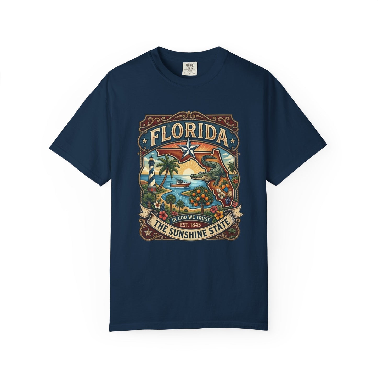 Florida State Outline Tee — 'State of Florida' with Crocodile Graphic