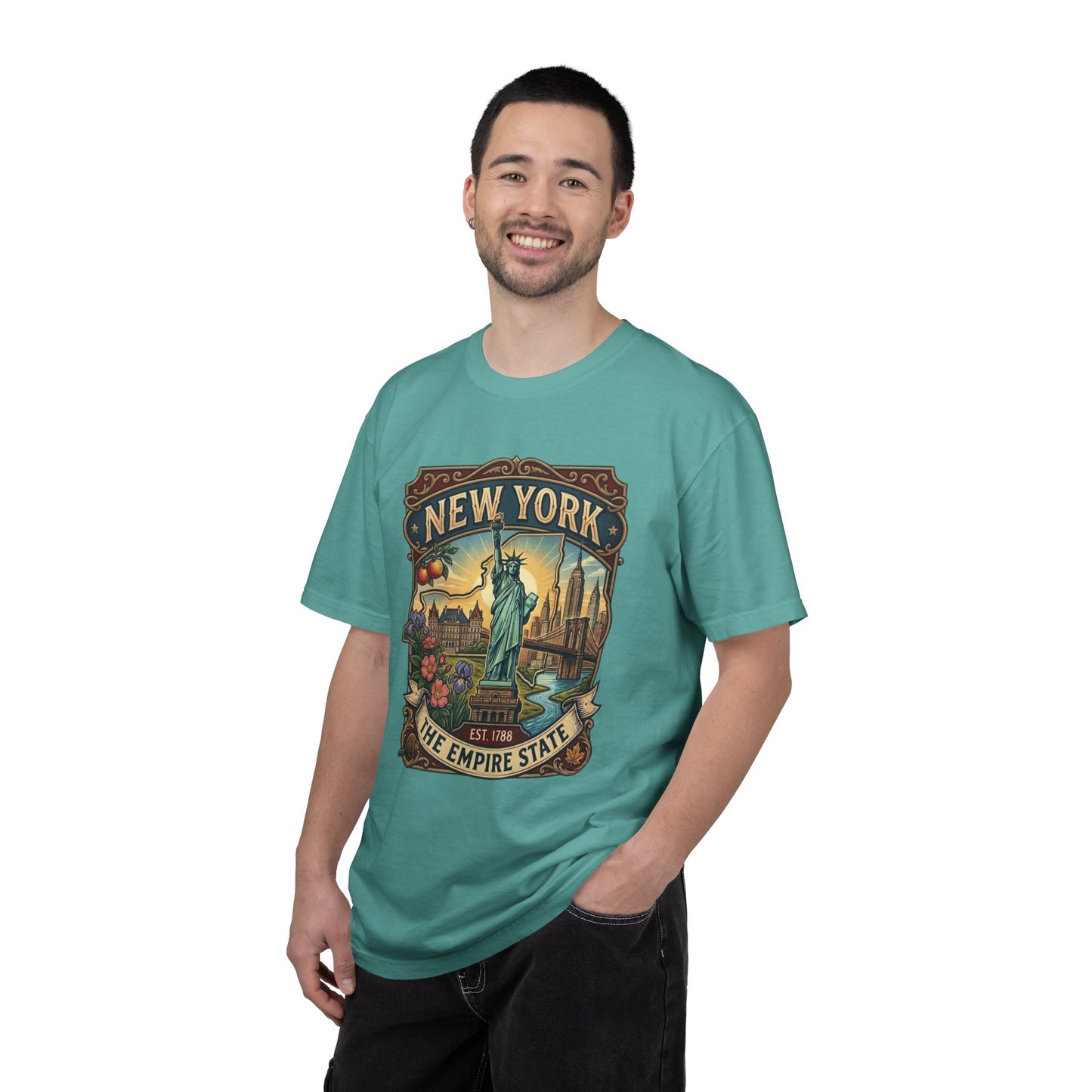 New York Skyline Tee with Statue of Liberty — NYC Empire State T-shirt