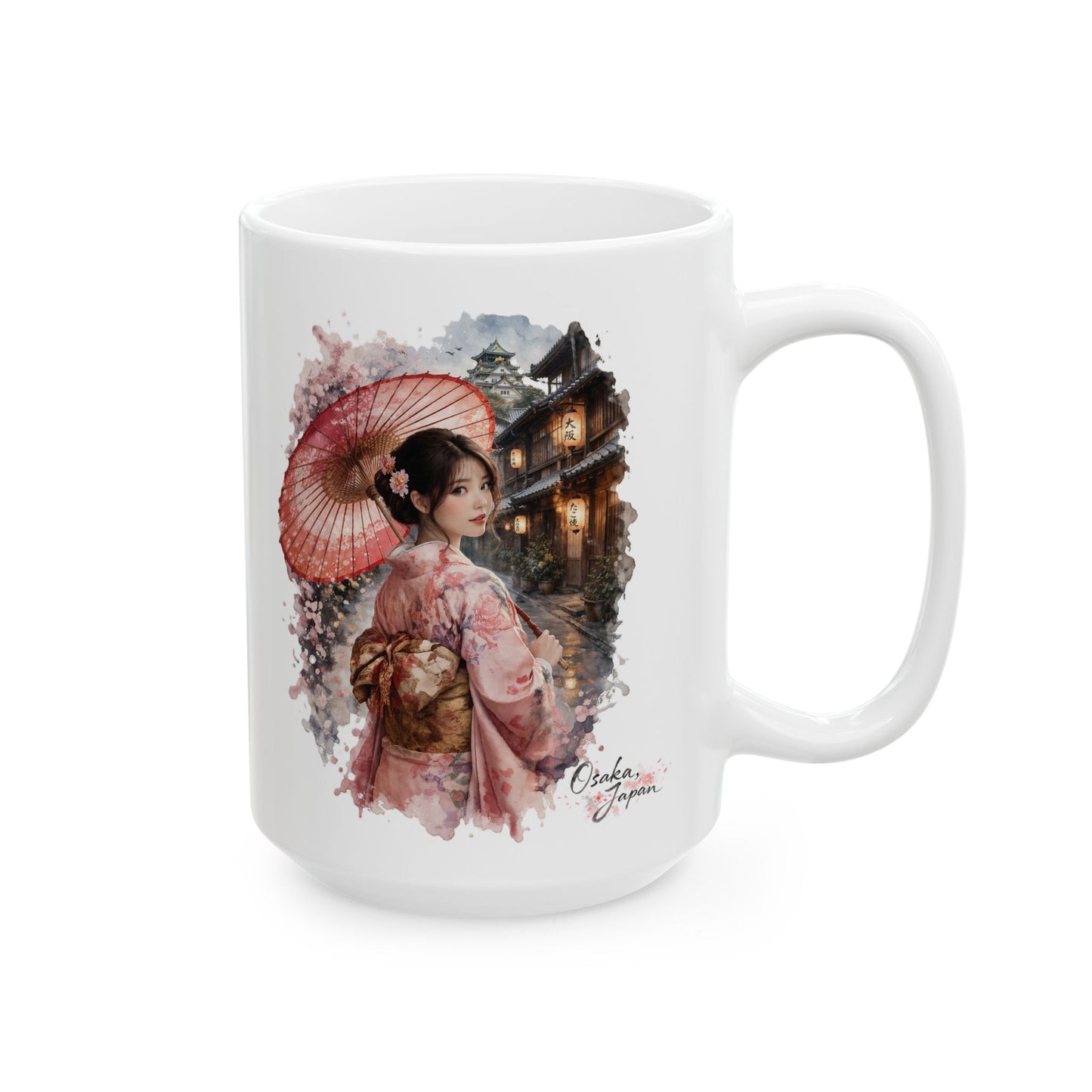 Osaka Japan Ceramic Mug — Japanese Girl in Kimono with Umbrella