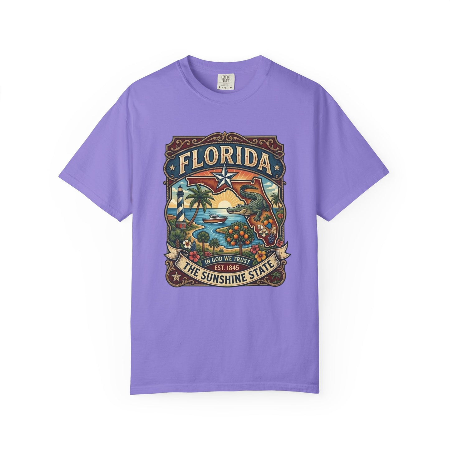 Florida State Outline Tee — 'State of Florida' with Crocodile Graphic