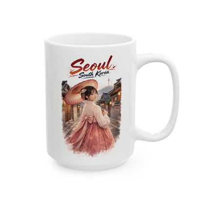 Seoul Korean Girl Ceramic Mug — Cute Korean Girl in Traditional Hanok Scene (11oz & 15oz)