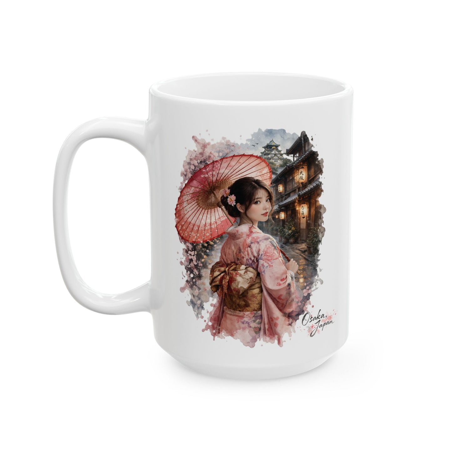 Osaka Japan Ceramic Mug — Japanese Girl in Kimono with Umbrella