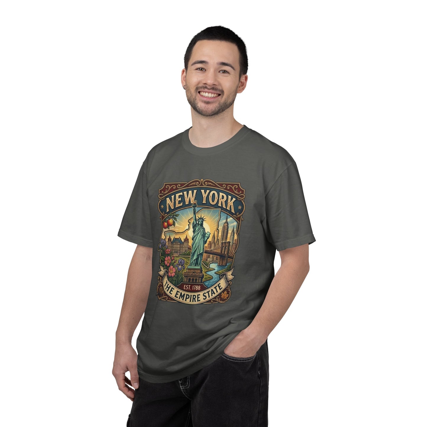 New York Skyline Tee with Statue of Liberty — NYC Empire State T-shirt