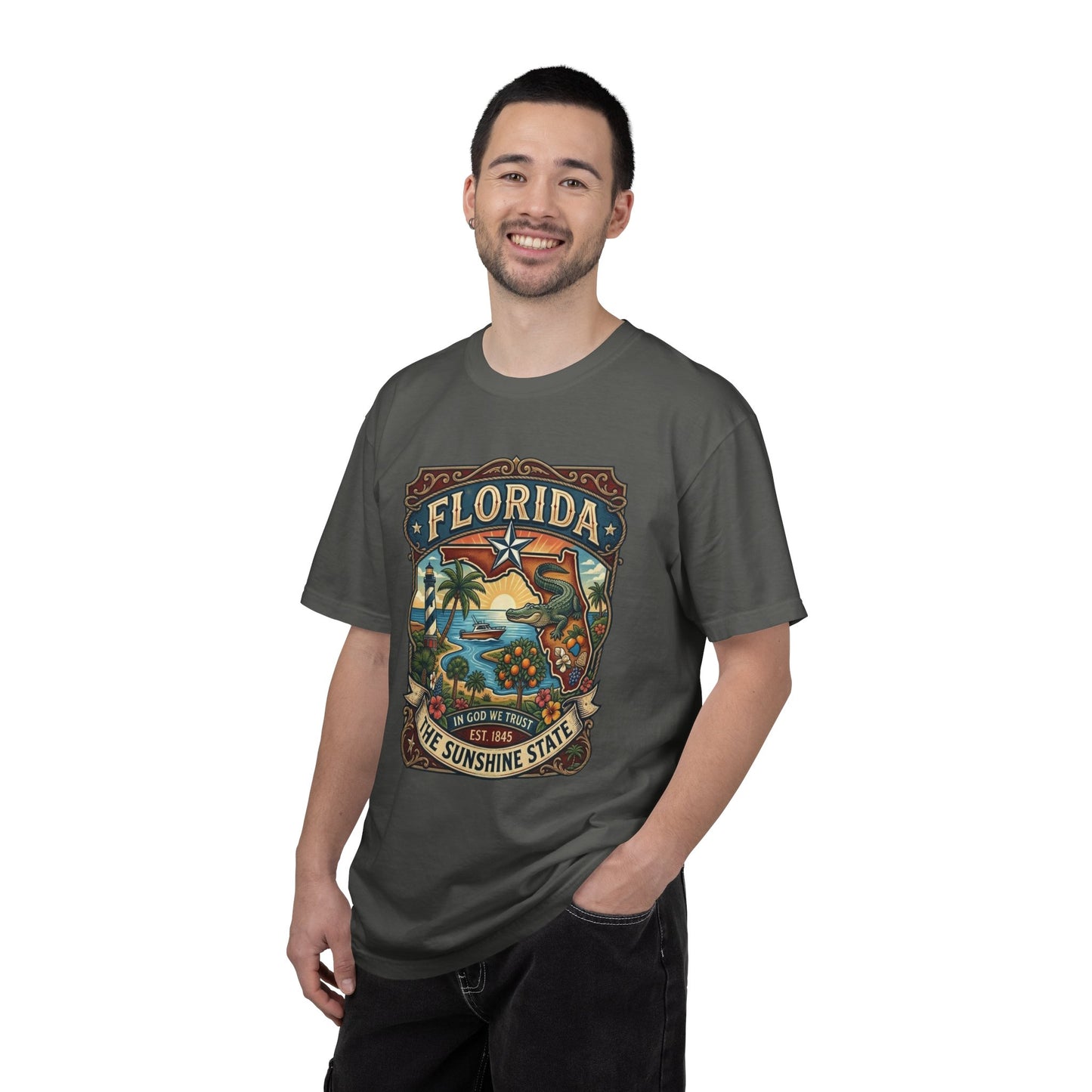 Florida State Outline Tee — 'State of Florida' with Crocodile Graphic