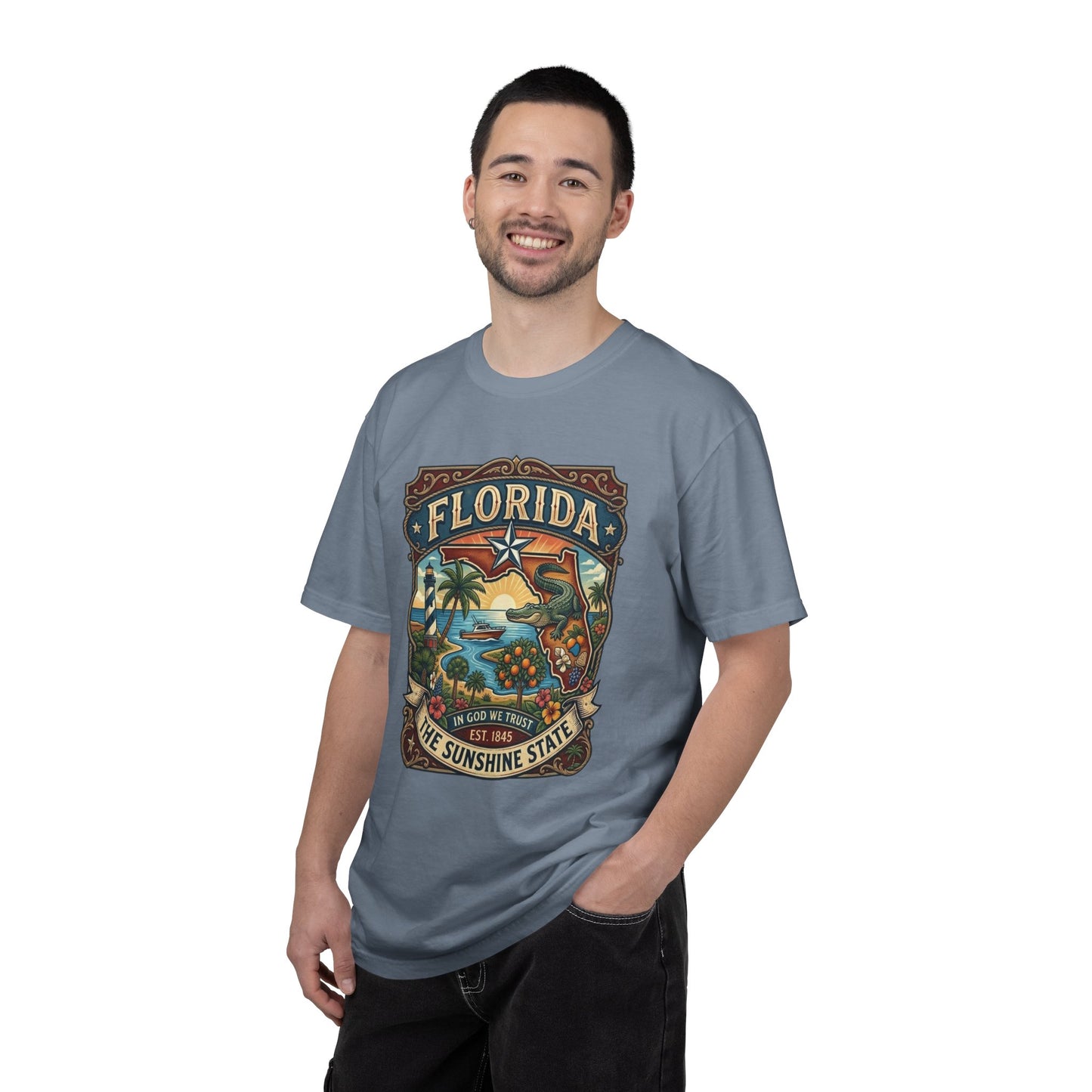 Florida State Outline Tee — 'State of Florida' with Crocodile Graphic