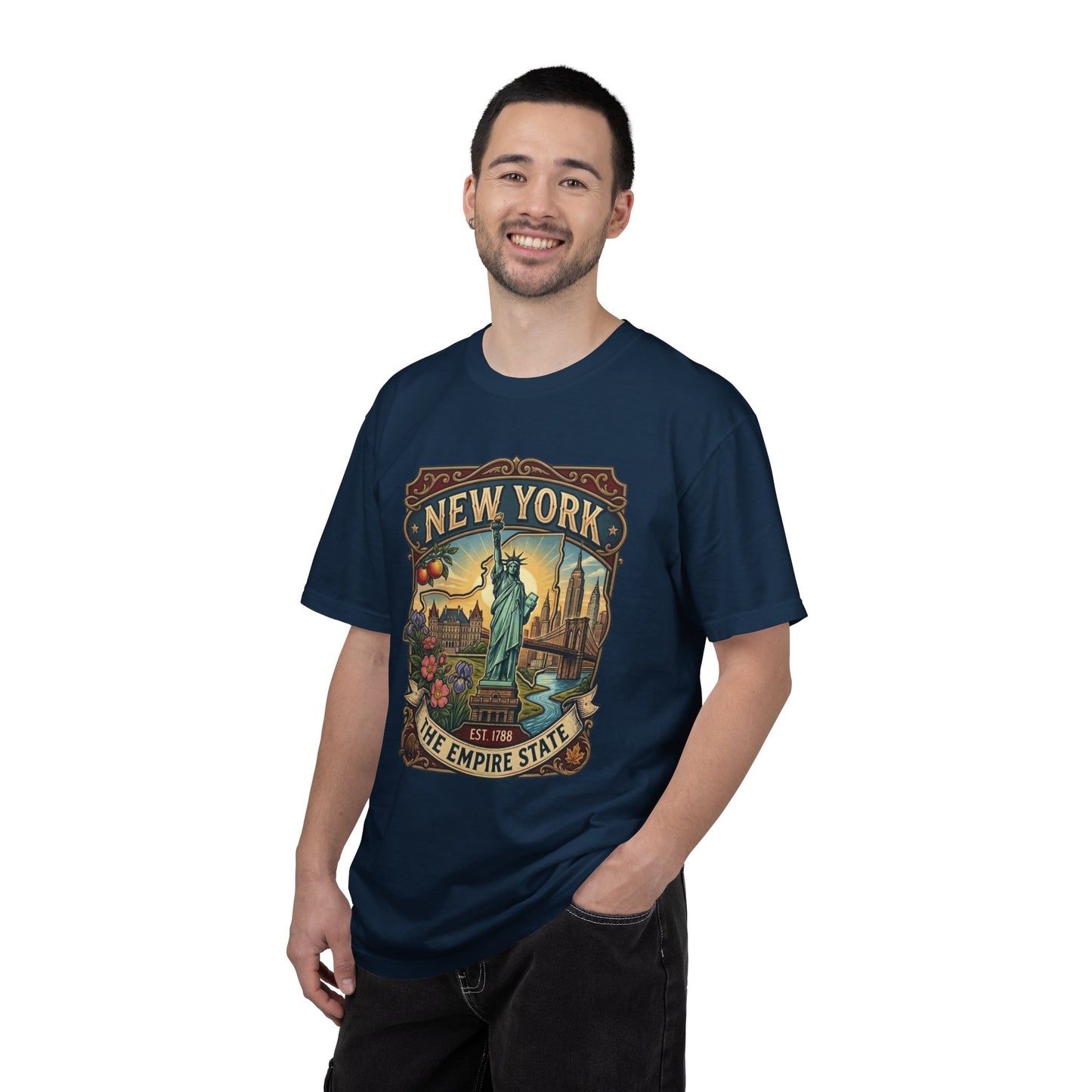 New York Skyline Tee with Statue of Liberty — NYC Empire State T-shirt