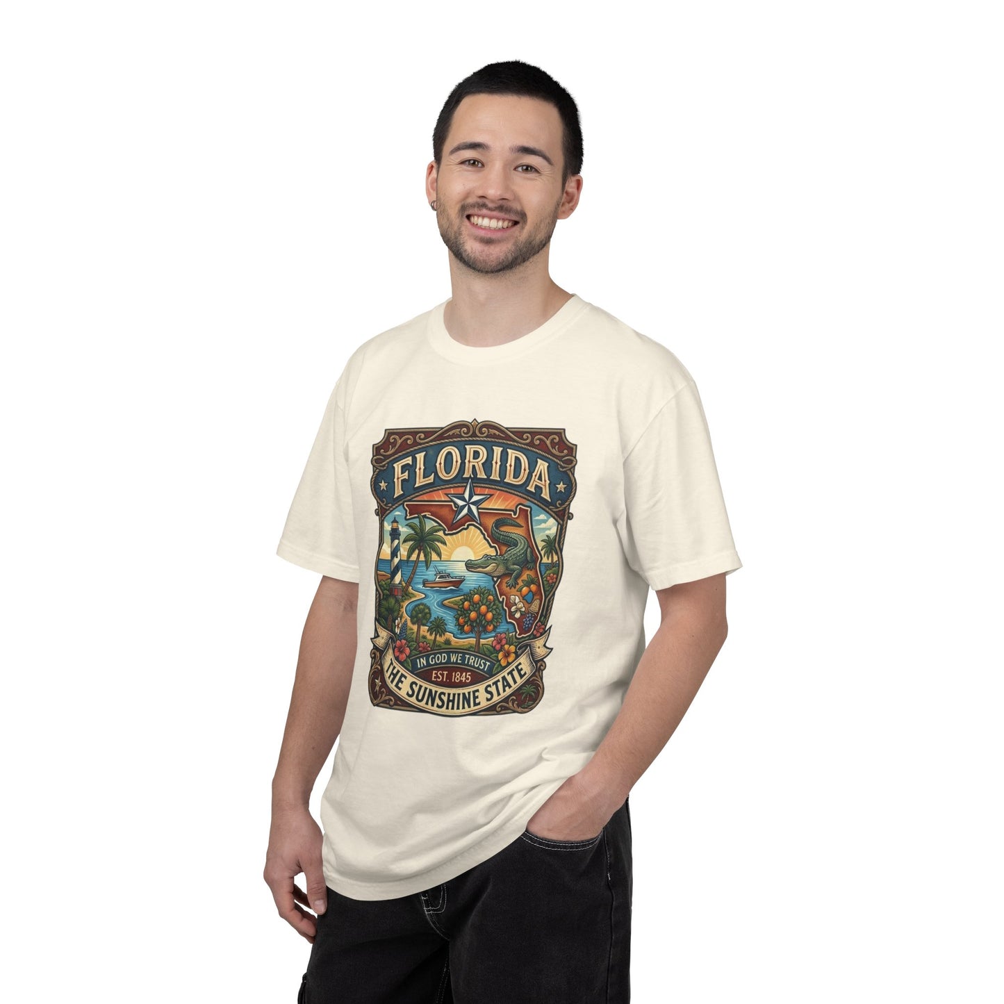 Florida State Outline Tee — 'State of Florida' with Crocodile Graphic