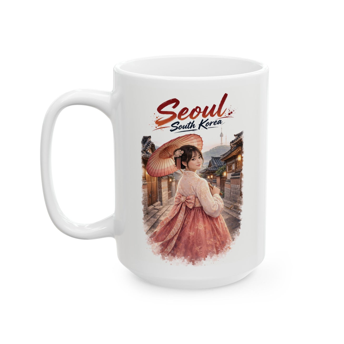 Seoul Korean Girl Ceramic Mug — Cute Korean Girl in Traditional Hanok Scene (11oz & 15oz)