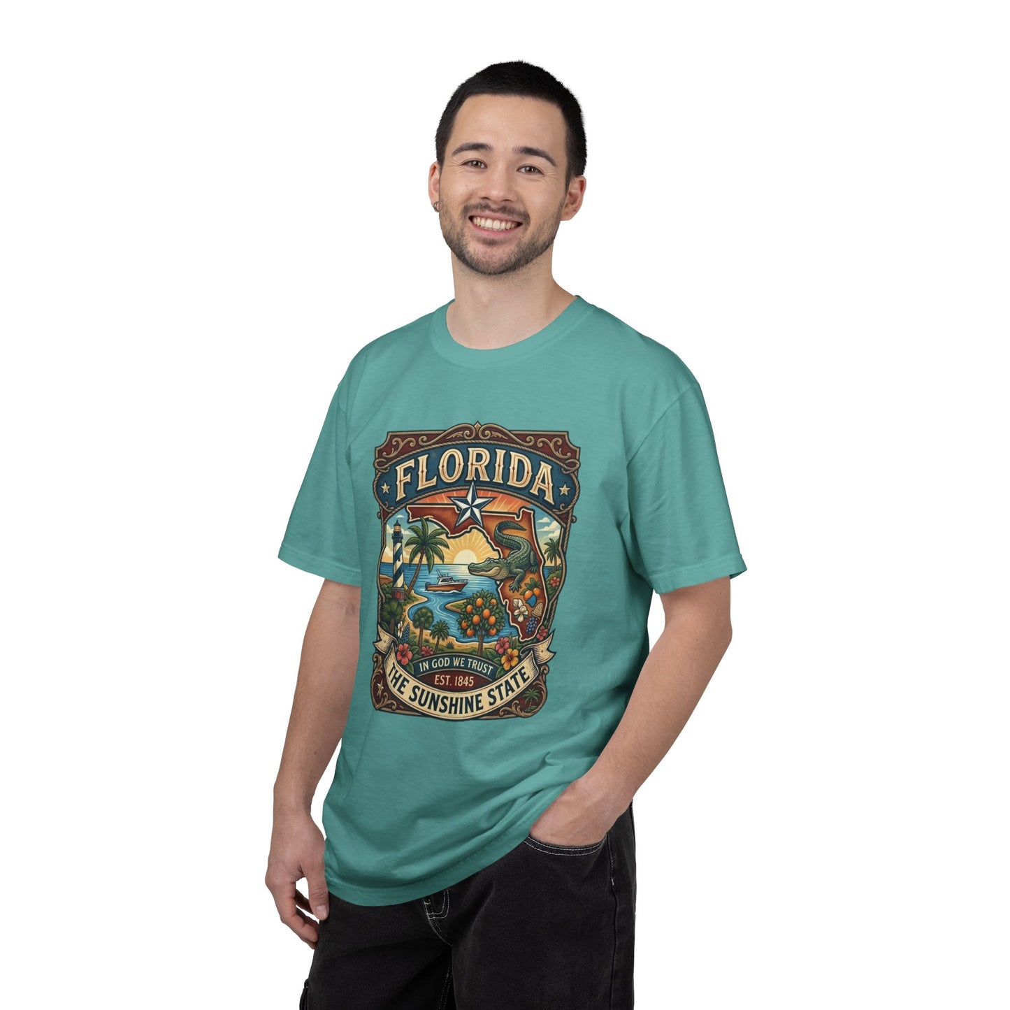 Florida State Outline Tee — 'State of Florida' with Crocodile Graphic