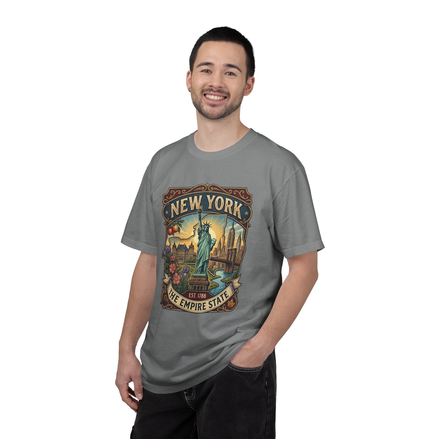 New York Skyline Tee with Statue of Liberty — NYC Empire State T-shirt