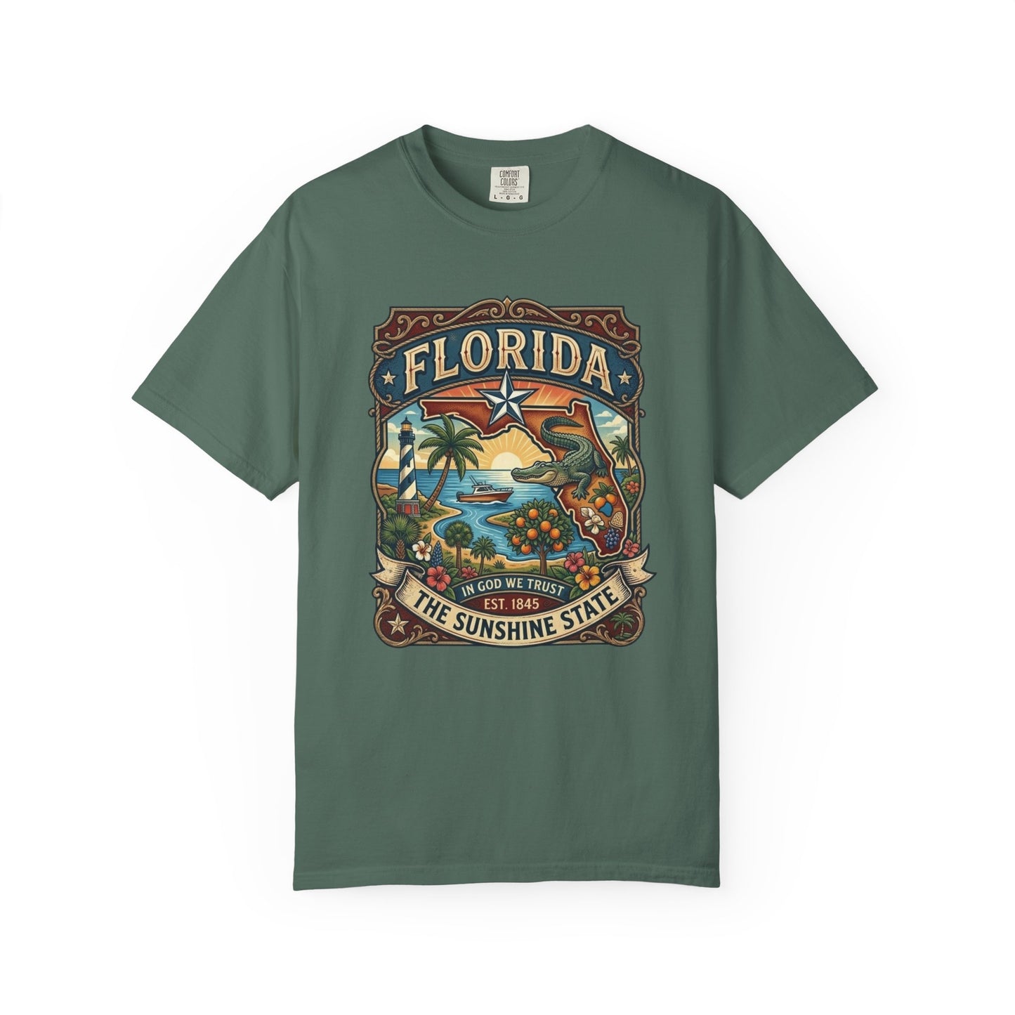 Florida State Outline Tee — 'State of Florida' with Crocodile Graphic