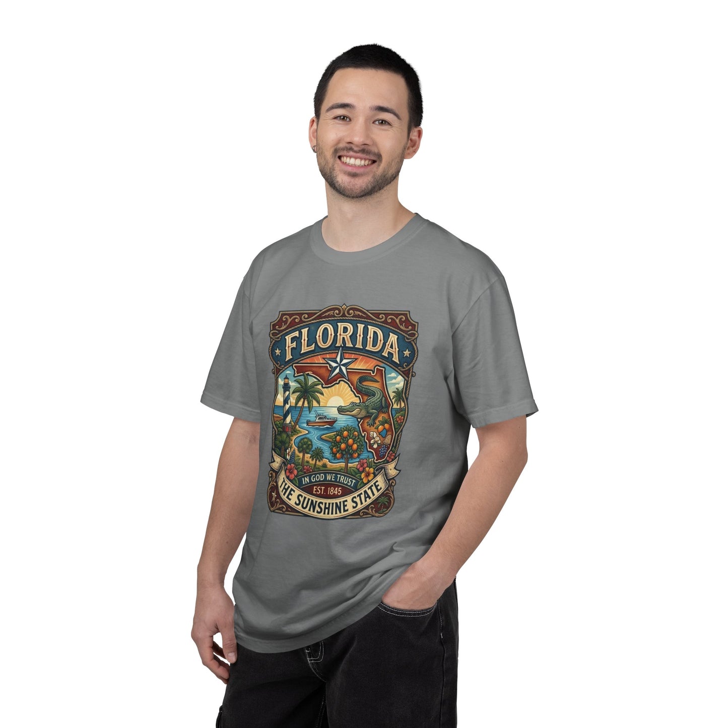 Florida State Outline Tee — 'State of Florida' with Crocodile Graphic