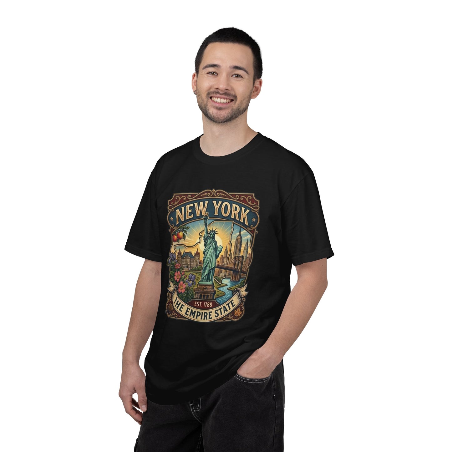 New York Skyline Tee with Statue of Liberty — NYC Empire State T-shirt