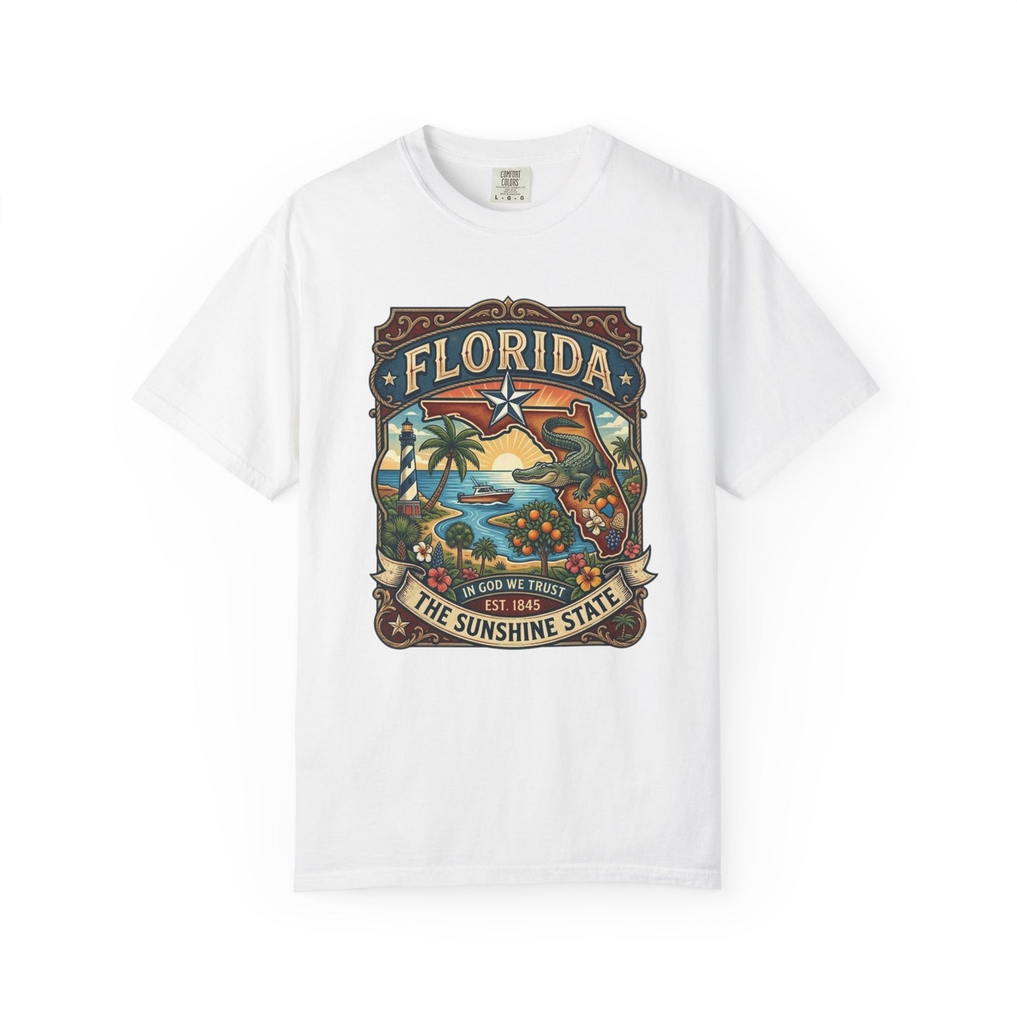 Florida State Outline Tee — 'State of Florida' with Crocodile Graphic