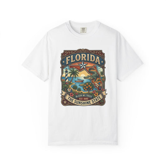 Florida State Outline Tee — 'State of Florida' with Crocodile Graphic