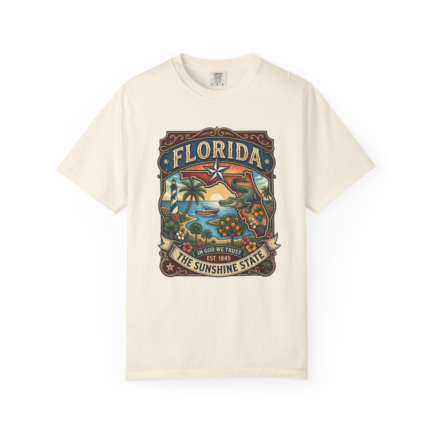 Florida State Outline Tee — 'State of Florida' with Crocodile Graphic