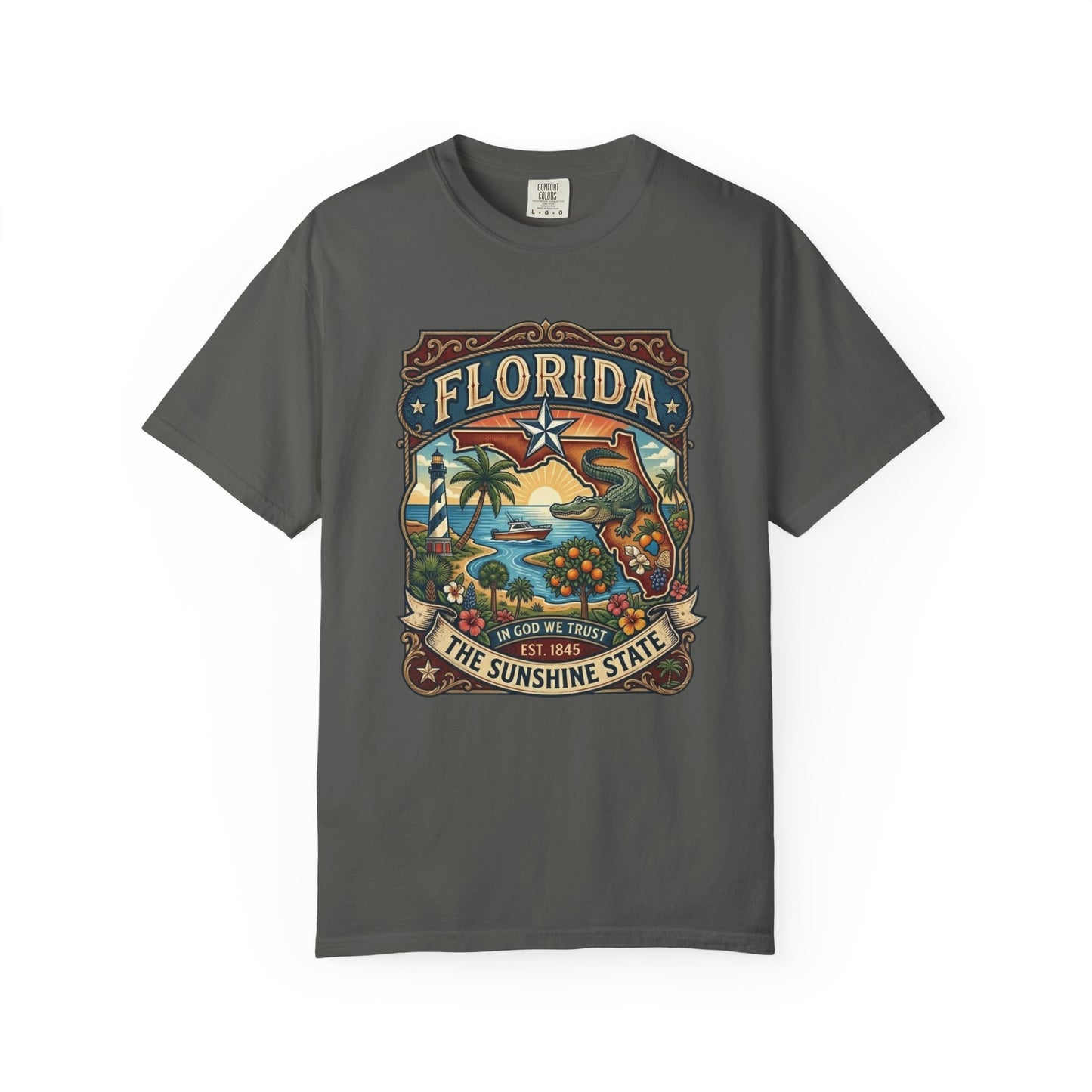 Florida State Outline Tee — 'State of Florida' with Crocodile Graphic