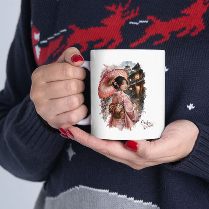 Osaka Japan Ceramic Mug — Japanese Girl in Kimono with Umbrella