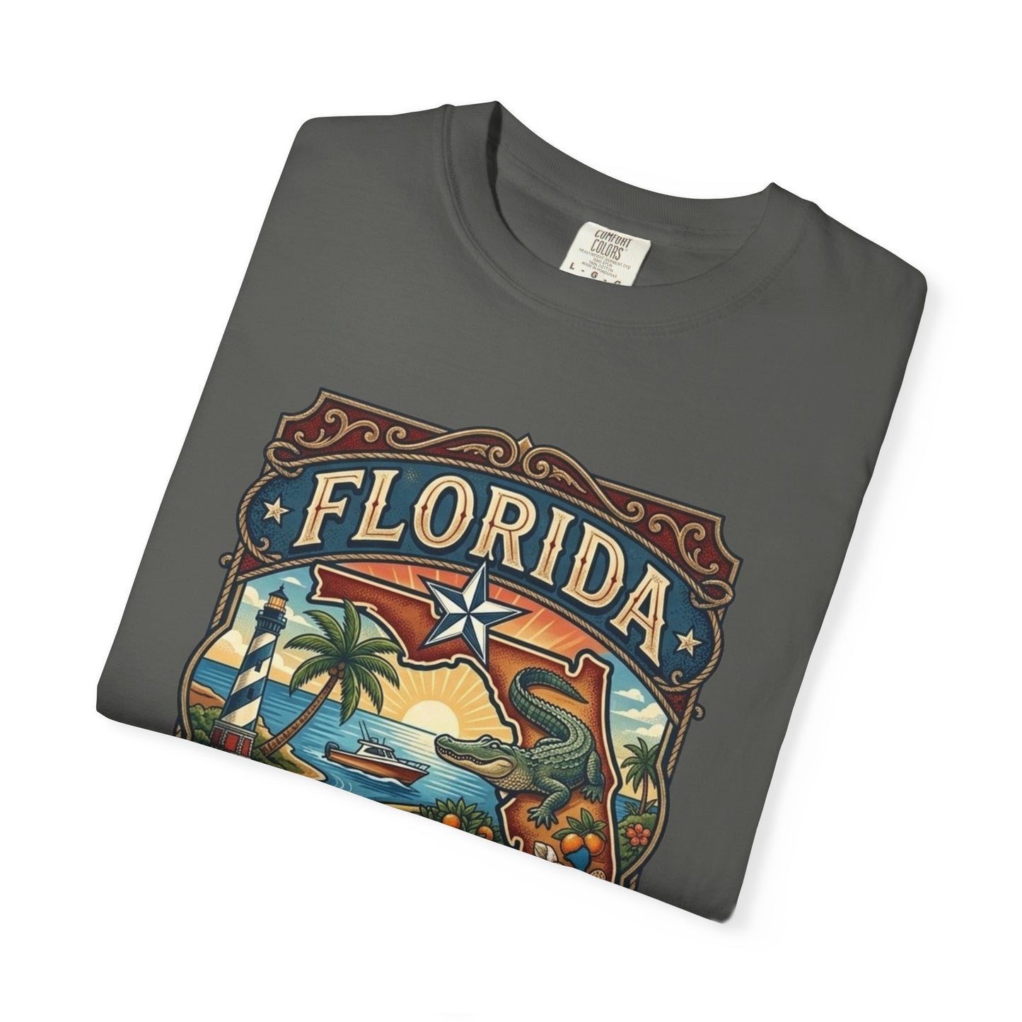 Florida State Outline Tee — 'State of Florida' with Crocodile Graphic