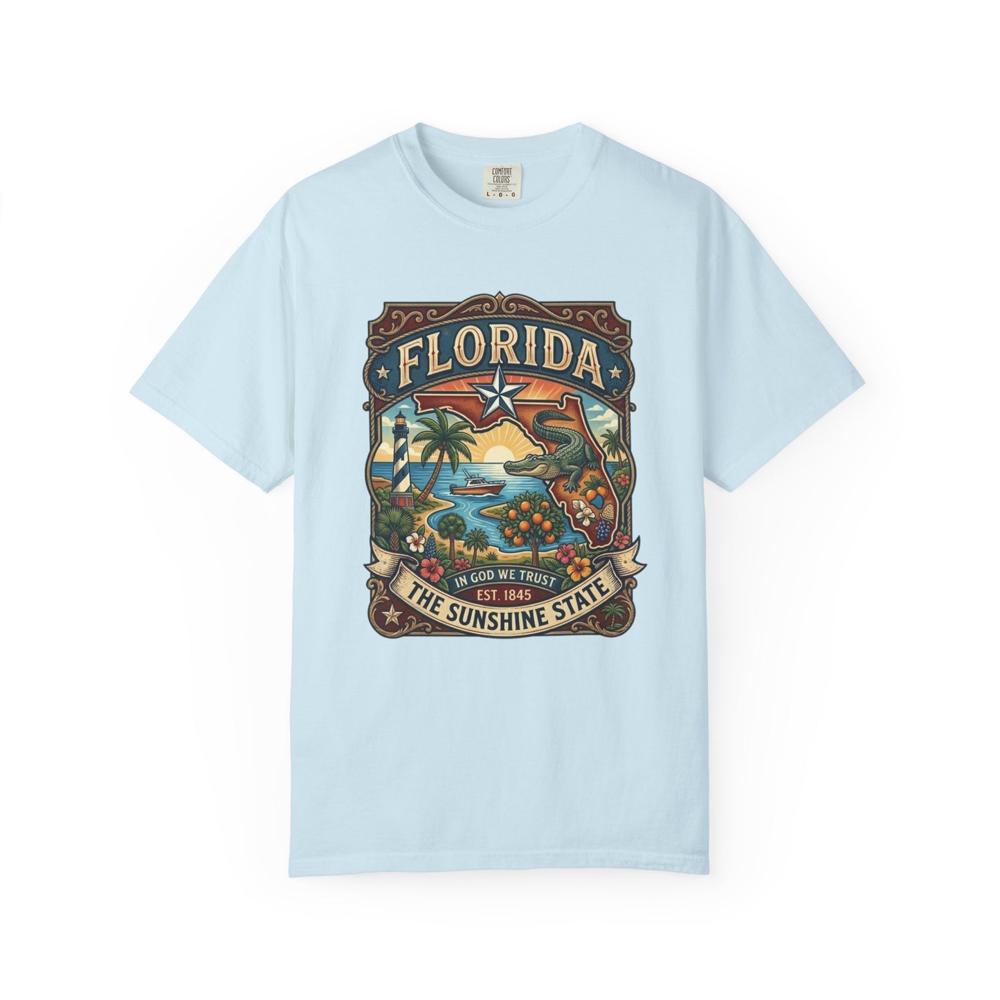 Florida State Outline Tee — 'State of Florida' with Crocodile Graphic