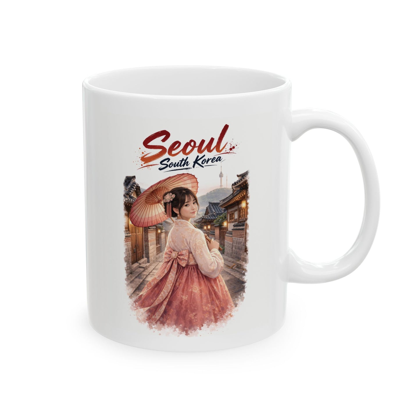 Seoul Korean Girl Ceramic Mug — Cute Korean Girl in Traditional Hanok Scene (11oz & 15oz)
