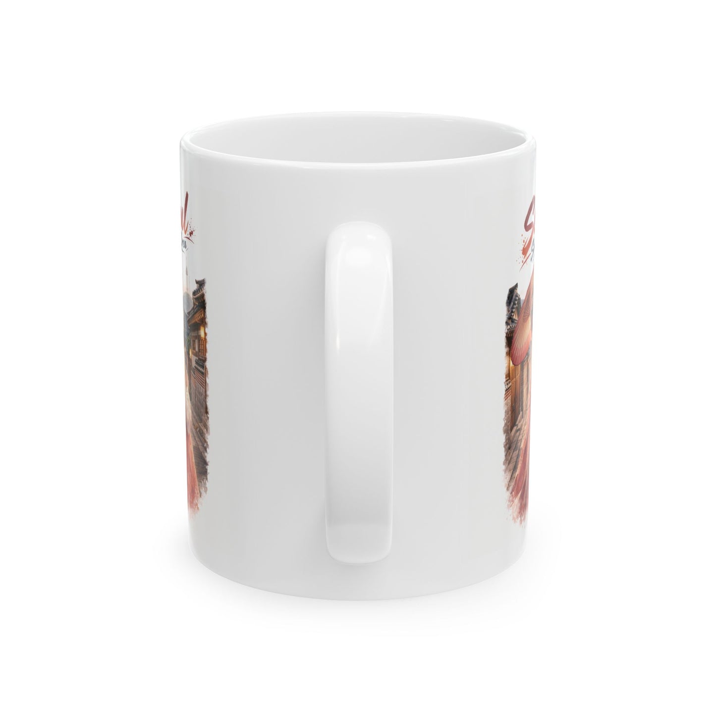 Seoul Korean Girl Ceramic Mug — Cute Korean Girl in Traditional Hanok Scene (11oz & 15oz)