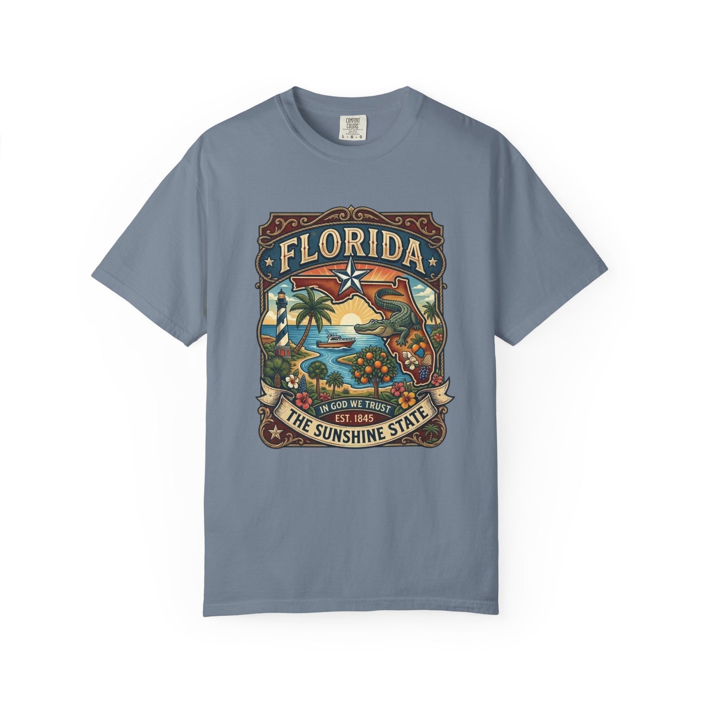 Florida State Outline Tee — 'State of Florida' with Crocodile Graphic