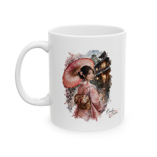 Osaka Japan Ceramic Mug — Japanese Girl in Kimono with Umbrella