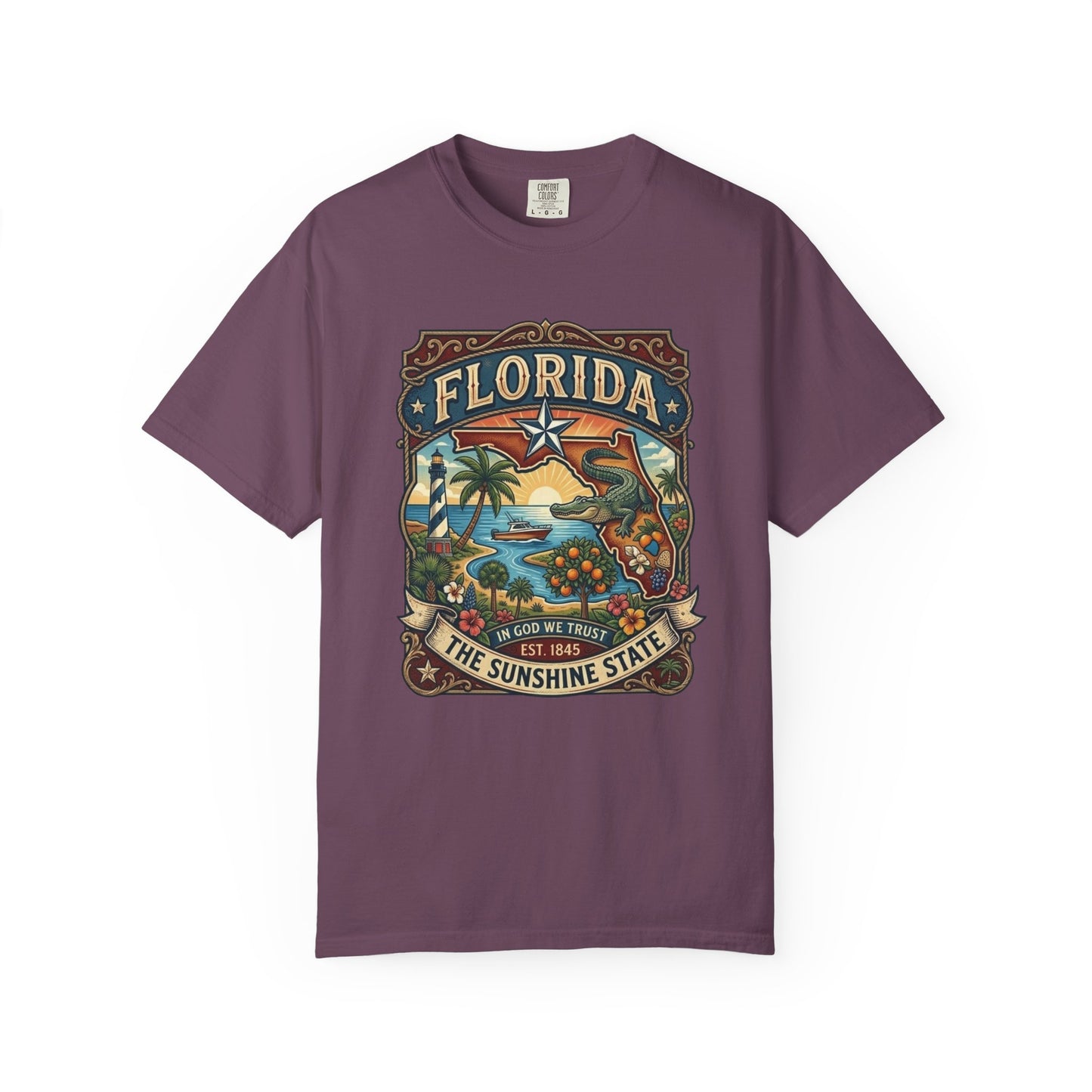 Florida State Outline Tee — 'State of Florida' with Crocodile Graphic