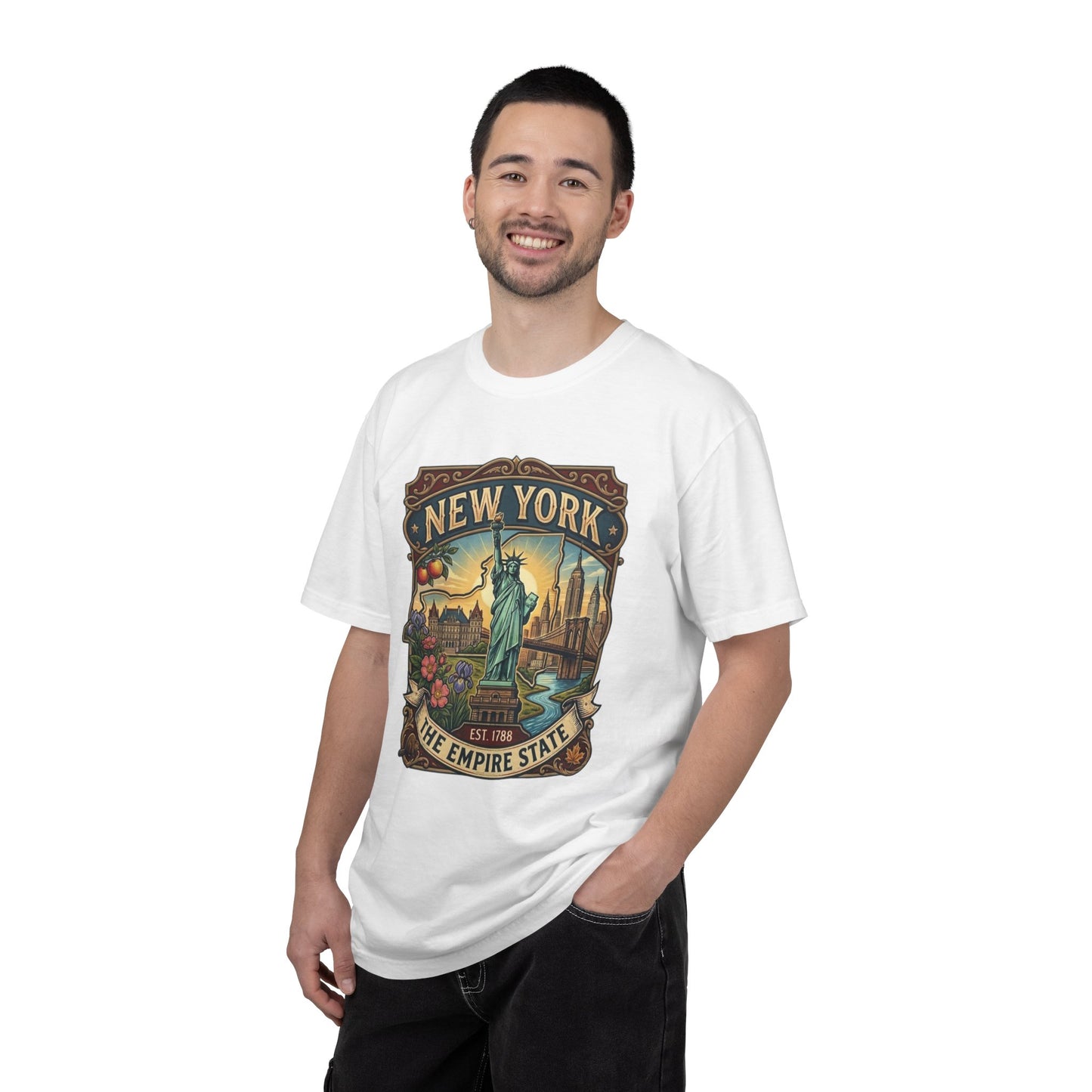 New York Skyline Tee with Statue of Liberty — NYC Empire State T-shirt