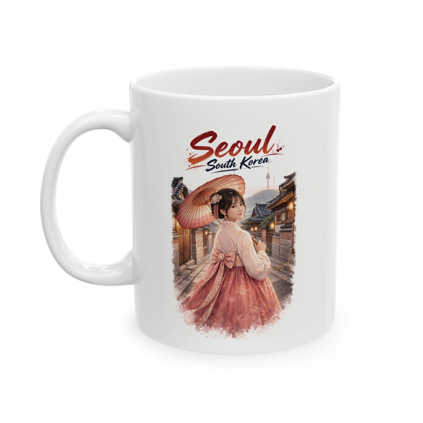 Seoul Korean Girl Ceramic Mug — Cute Korean Girl in Traditional Hanok Scene (11oz & 15oz)