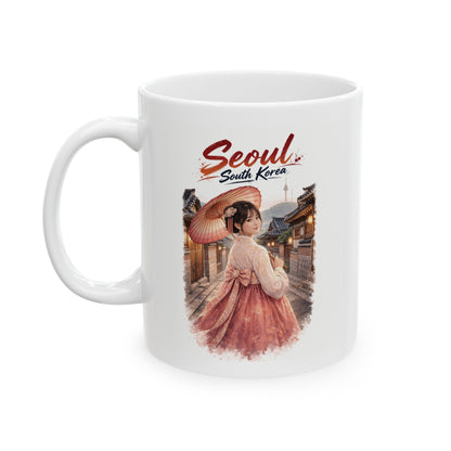 Seoul Korean Girl Ceramic Mug — Cute Korean Girl in Traditional Hanok Scene (11oz & 15oz)